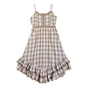 Joyfolie Mia Joy Dress Womens XS Tan Plaid Ruffle Cottagecore Boho